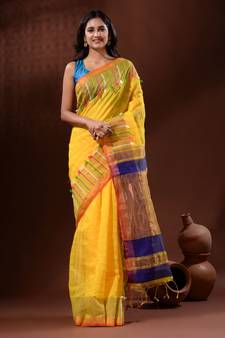 Yellow Cotton Silk Handwoven Saree With Check Designs