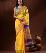 Yellow Cotton Silk Handwoven Saree With Check Designs