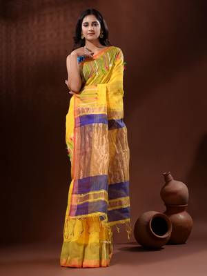 Yellow Cotton Silk Handwoven Saree With Check Designs 2