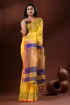 Yellow Cotton Silk Handwoven Saree With Check Designs
