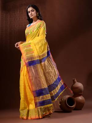 Yellow Cotton Silk Handwoven Saree With Check Designs 3