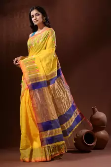 Yellow Cotton Silk Handwoven Saree With Check Designs