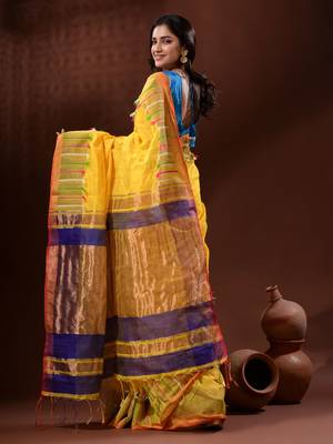 Yellow Cotton Silk Handwoven Saree With Check Designs 4
