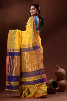 Yellow Cotton Silk Handwoven Saree With Check Designs