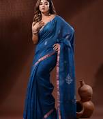 Sapphire Blue Linen Handwoven Saree With Nakshi Motifs
