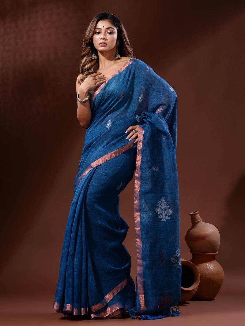 Sapphire Blue Linen Handwoven Saree With Nakshi Motifs