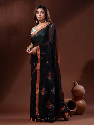 Black Linen Handwoven Saree With Nakshi Motifs 1