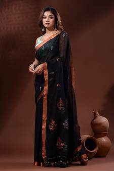 Black Linen Handwoven Saree With Nakshi Motifs
