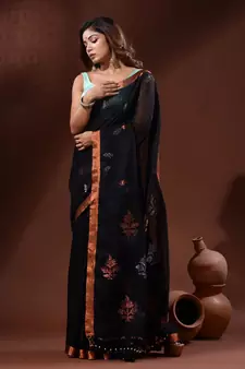 Black Linen Handwoven Saree With Nakshi Motifs
