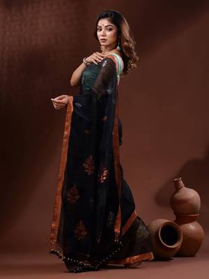 Black Linen Handwoven Saree With Nakshi Motifs 3