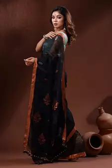 Black Linen Handwoven Saree With Nakshi Motifs