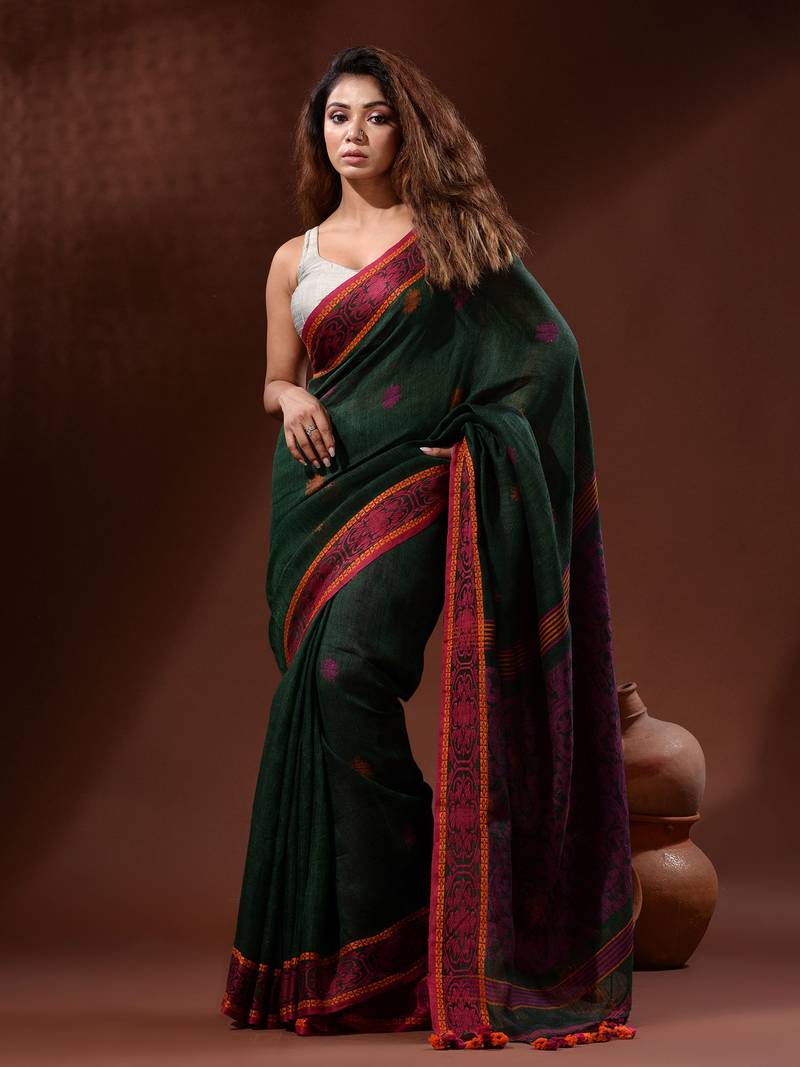 Forest Green Linen Handwoven Saree With Nakshi Border