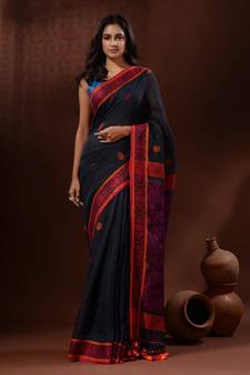 Charcoal Linen Handwoven Saree With Nakshi Border