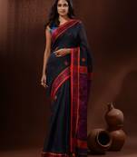 Charcoal Linen Handwoven Saree With Nakshi Border