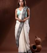 White Linen Handwoven Saree With Nakshi Border