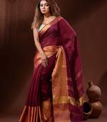 Magenta Linen Handwoven Saree With Zari Borders