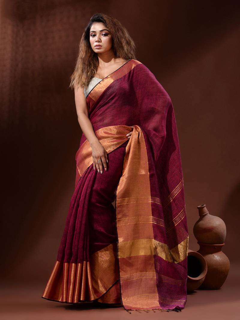 Magenta Linen Handwoven Saree With Zari Borders