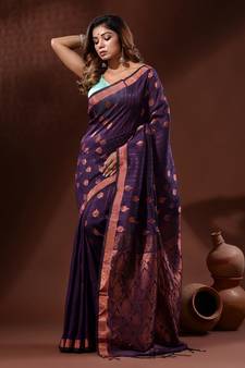Violet Linen Handwoven Saree With Nakshi Pallu
