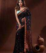 Black Linen Handwoven Saree With Nakshi Pallu