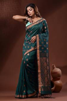 Teal Linen Handwoven Saree With Nakshi Pallu