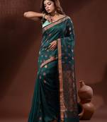Teal Linen Handwoven Saree With Nakshi Pallu