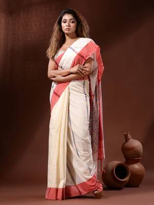 White Cotton Handspun Handwoven Saree With Sambolpuri Pallu 1
