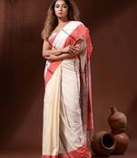 White Cotton Handspun Handwoven Saree With Sambolpuri Pallu