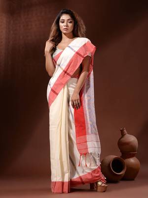 White Cotton Handspun Handwoven Saree With Sambolpuri Pallu 2