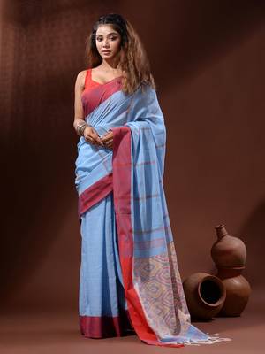 Sky Blue Cotton Handspun Handwoven Saree With Sambolpuri Pallu 1