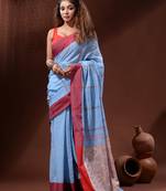 Sky Blue Cotton Handspun Handwoven Saree With Sambolpuri Pallu