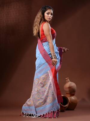 Sky Blue Cotton Handspun Handwoven Saree With Sambolpuri Pallu 3