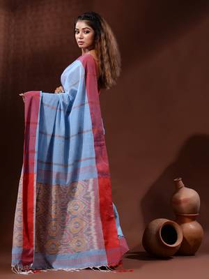 Sky Blue Cotton Handspun Handwoven Saree With Sambolpuri Pallu 4