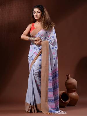 Maya Blue Cotton Handspun Handwoven Saree With Nakshi Pallu 1