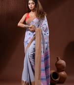 Maya Blue Cotton Handspun Handwoven Saree With Nakshi Pallu