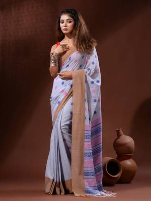 Maya Blue Cotton Handspun Handwoven Saree With Nakshi Pallu 2