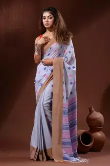 Maya Blue Cotton Handspun Handwoven Saree With Nakshi Pallu