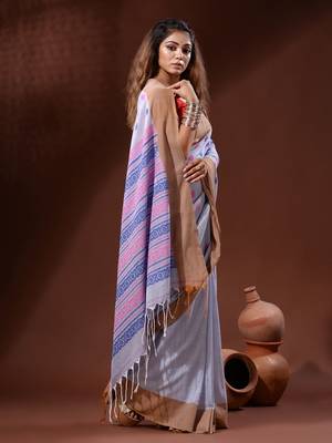 Maya Blue Cotton Handspun Handwoven Saree With Nakshi Pallu 3