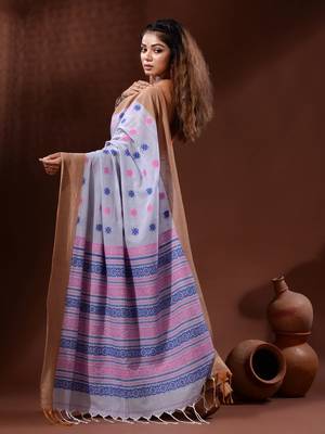 Maya Blue Cotton Handspun Handwoven Saree With Nakshi Pallu 4