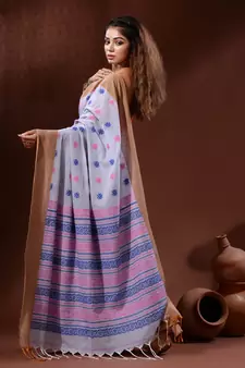 Maya Blue Cotton Handspun Handwoven Saree With Nakshi Pallu