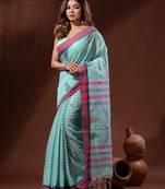 Sea Green Cotton Handspun Handwoven Saree With Checkered Design