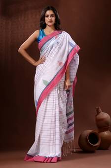 White Cotton Handspun Handwoven Saree With Checkered Design