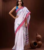 White Cotton Handspun Handwoven Saree With Checkered Design