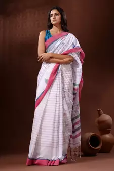 White Cotton Handspun Handwoven Saree With Checkered Design