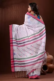 White Cotton Handspun Handwoven Saree With Checkered Design