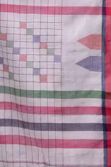 White Cotton Handspun Handwoven Saree With Checkered Design
