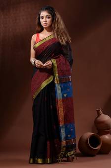 Black Cotton Silk Handwoven Soft Saree