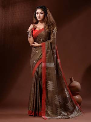 Brown Tissue Handwoven Saree With Texture Pallu 1