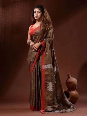 Brown Tissue Handwoven Saree With Texture Pallu 2