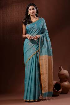 Sea Green Tissue Handwoven Saree With Fish Motifs And Contrast Pallu