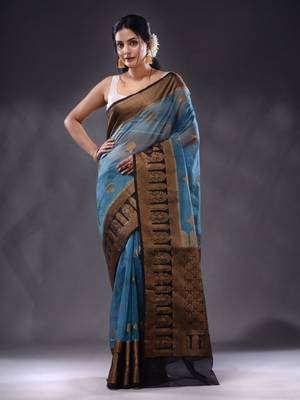 Cerulean Blue Organza Handwoven Saree With Zari Ethnic Designs 1